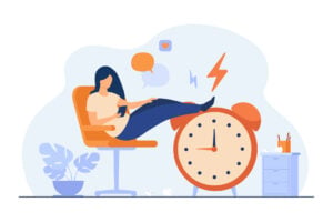 Illustration of a woman sat in an office with her feet up on a large alarm clock while she is scrolling on her phone.