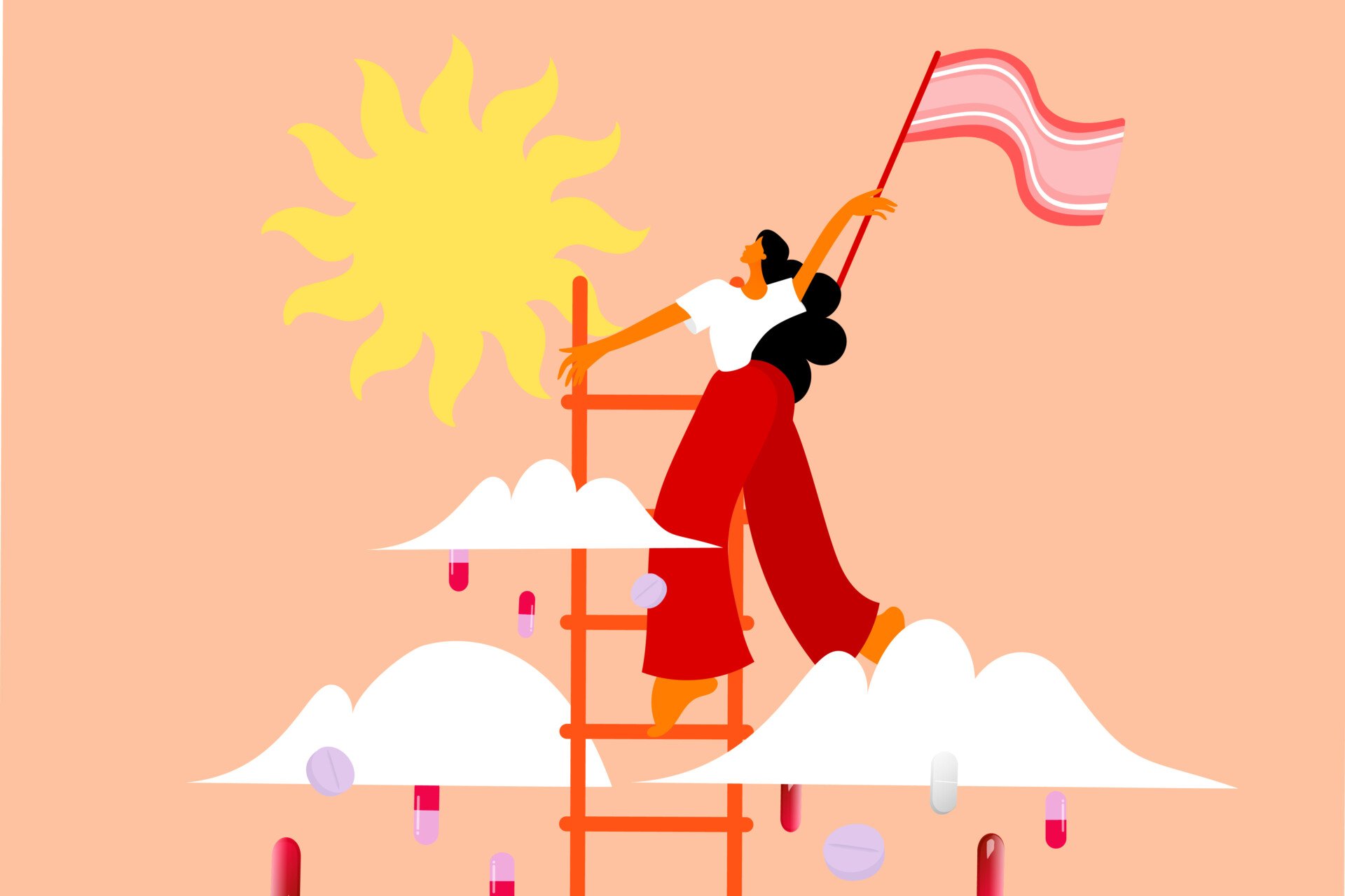 Illustration of a woman climbing a ladder through the clouds while waving a flag