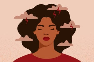 Illustration of an african american woman with eyes closed and experiencing anxiety, storm clouds surround her.