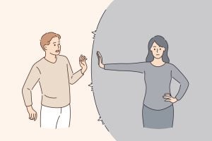 Defending personal boundaries and freedom concept. Young woman standing and feeling in capsule defending her own private personal boundaries from man vector illustration