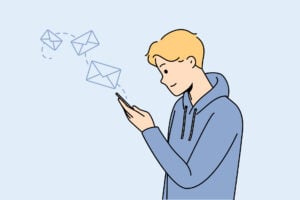 an illustration of a man checking his phone with email icons coming from it