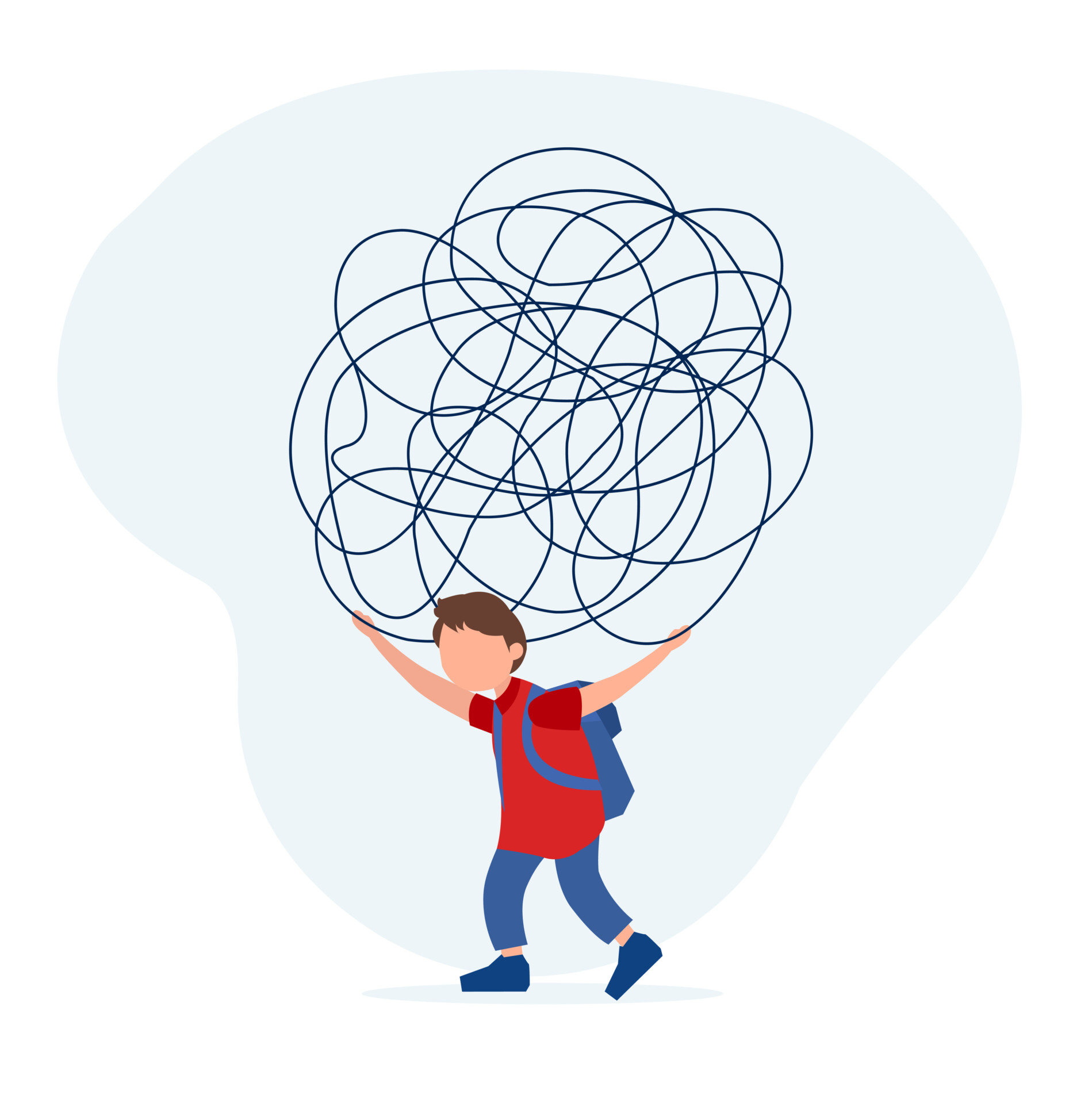 an illustration of a young boy carrying a ball of messy lines
