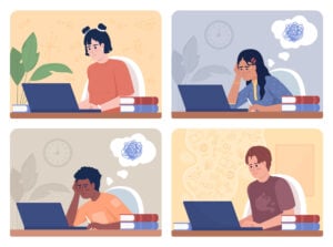 4 illustrations of teenagers working on laptops - two of them are stressed and struggling with the work.