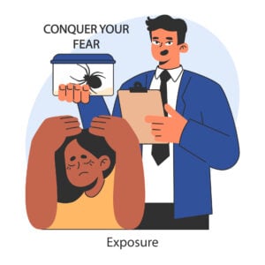 illustration of a man holding a clipboard and a spider in a container. a woman in front of him cowering in fear of the spider.