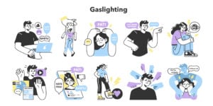 a set of illustrations showing different ways in which gaslighting can occur and manipulation