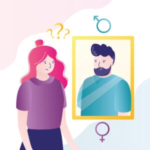Sad female character cannot self-determine sex. Person with gender dysphoria looking in mirror