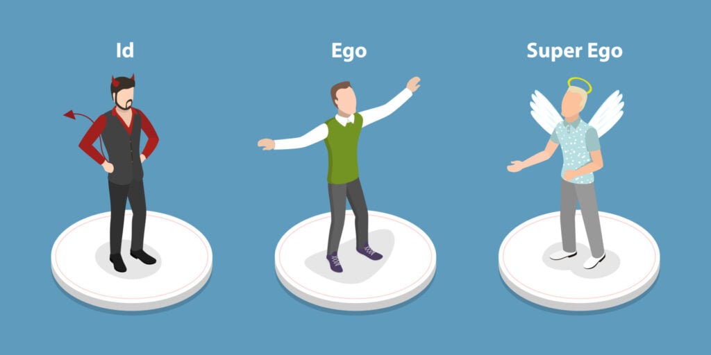 illustration of three people represented as the id, ego, and superego