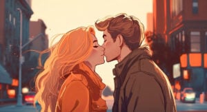 an illustration of a man and a woman kissing in the street