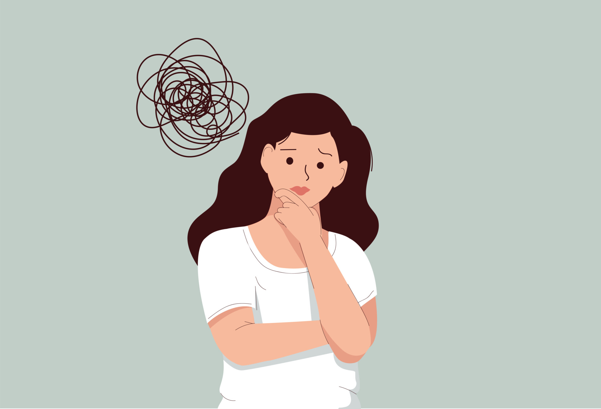 Illustration of a woman looking frustrated, rubbing her chin and having messy thoughts coming from her head.