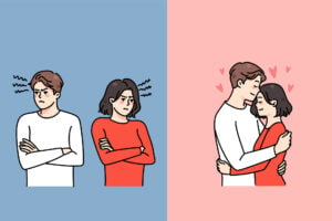 Split image with a couple frustrated and facing away from each other on one side and lovingly embracing on the other side