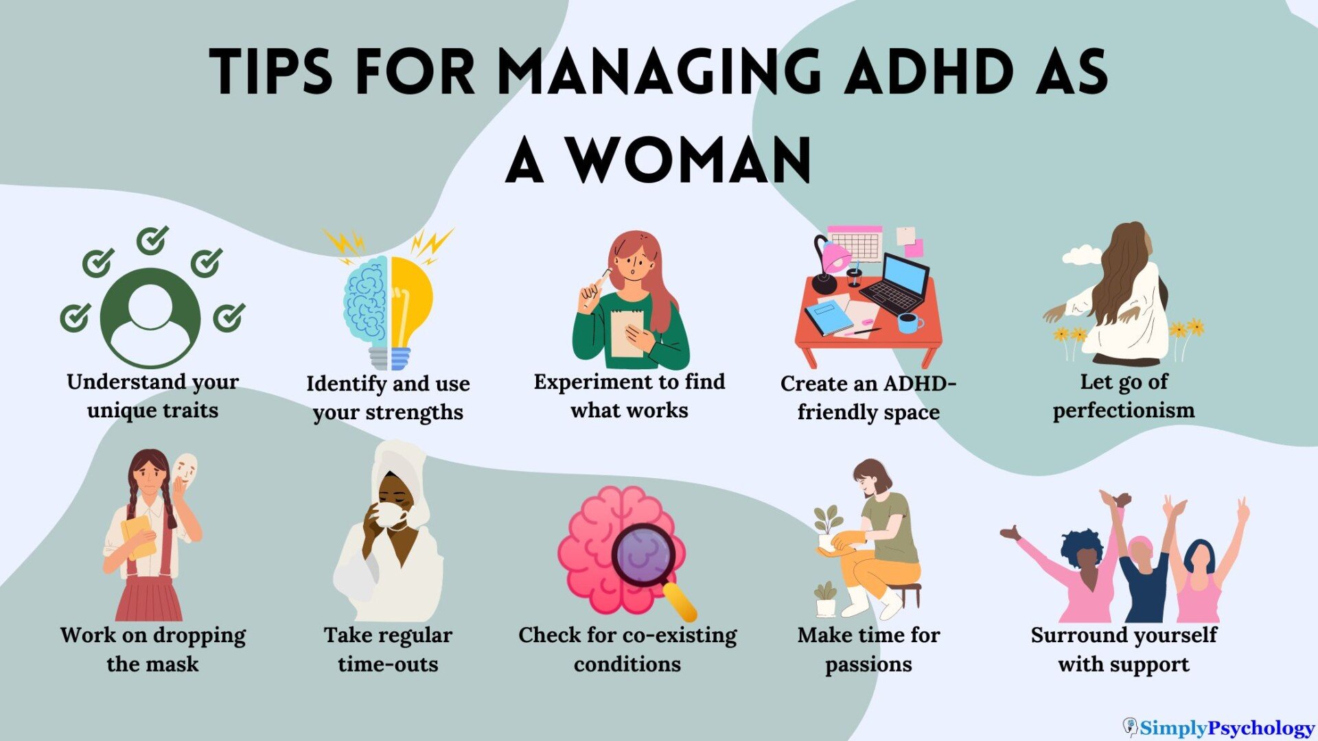 an infographic outlining the different tips for managing adhd as a woman, outlined in this article