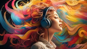 a girl with headphones on looking at ease, with colourful background