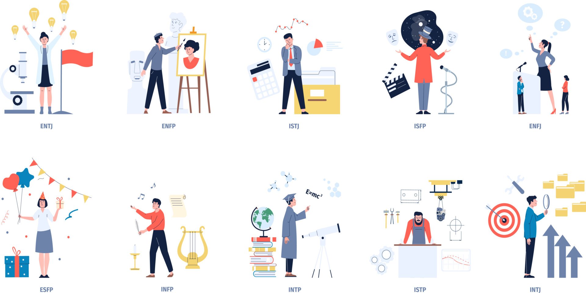 small illustrations of the MBTI personality types - a person representing each type