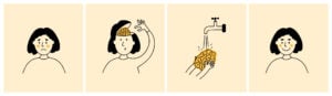 Set of illustrations of a sad person taking out their brain, washing it under a tap and then being happy at the end