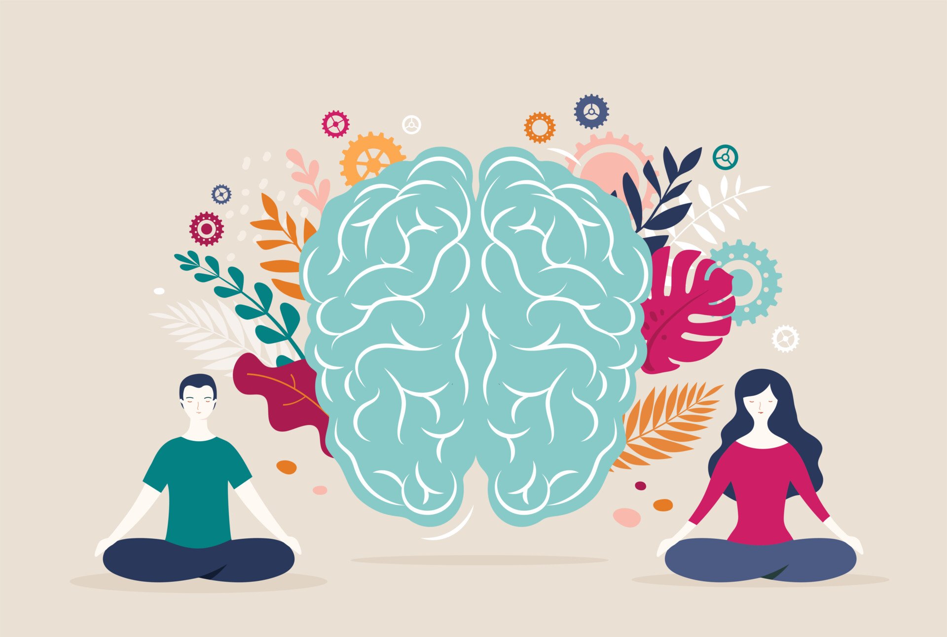Young woman and man sit with crossed legs and meditate with brain icon on the background.