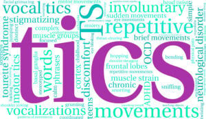 The word 'tics' in large purple font surrounded by teal coloured smaller words that are associated with tics such as 'vocalizations' 'repetitive' and 'involuntary'
