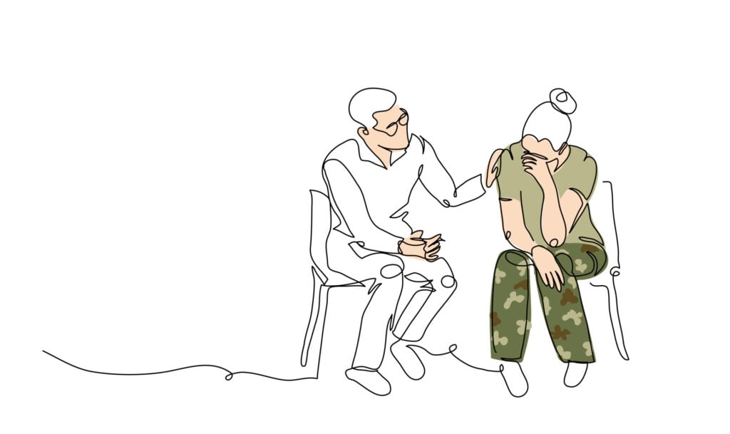 a continuous line drawing of a therapist consoling a veteran