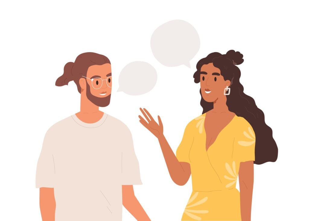 Illustration of two people talking to each other with speech bubbles