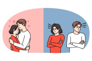 Split image. on one side is a couple hugging and in love, then on the other side the couple are angry, arms folded, facing away from each other