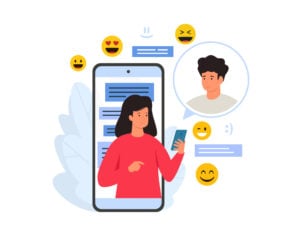 illustration of chatting and messaging concept. Characters chatting on smartphone with chat bubbles and emoji icons.