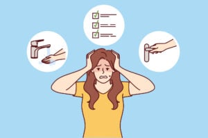 Woman with ocd syndrome clutches head for fear of contracting infection, stands near icons with faucet and door handle and a checklist in circle around her head.