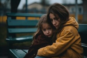 A mother and her child hugging each other on a park bench in the cold, feeling upset