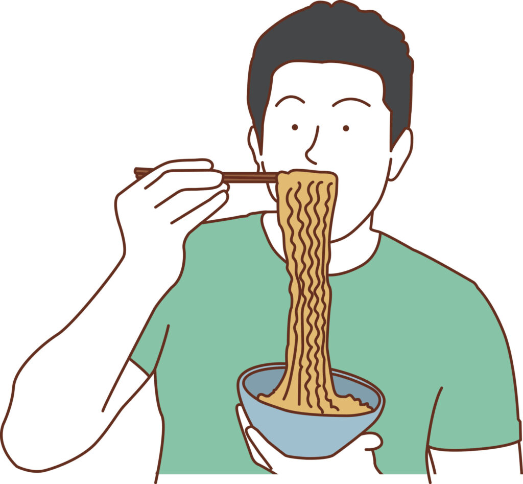 Man eating instant noodle using chopsticks and bowl